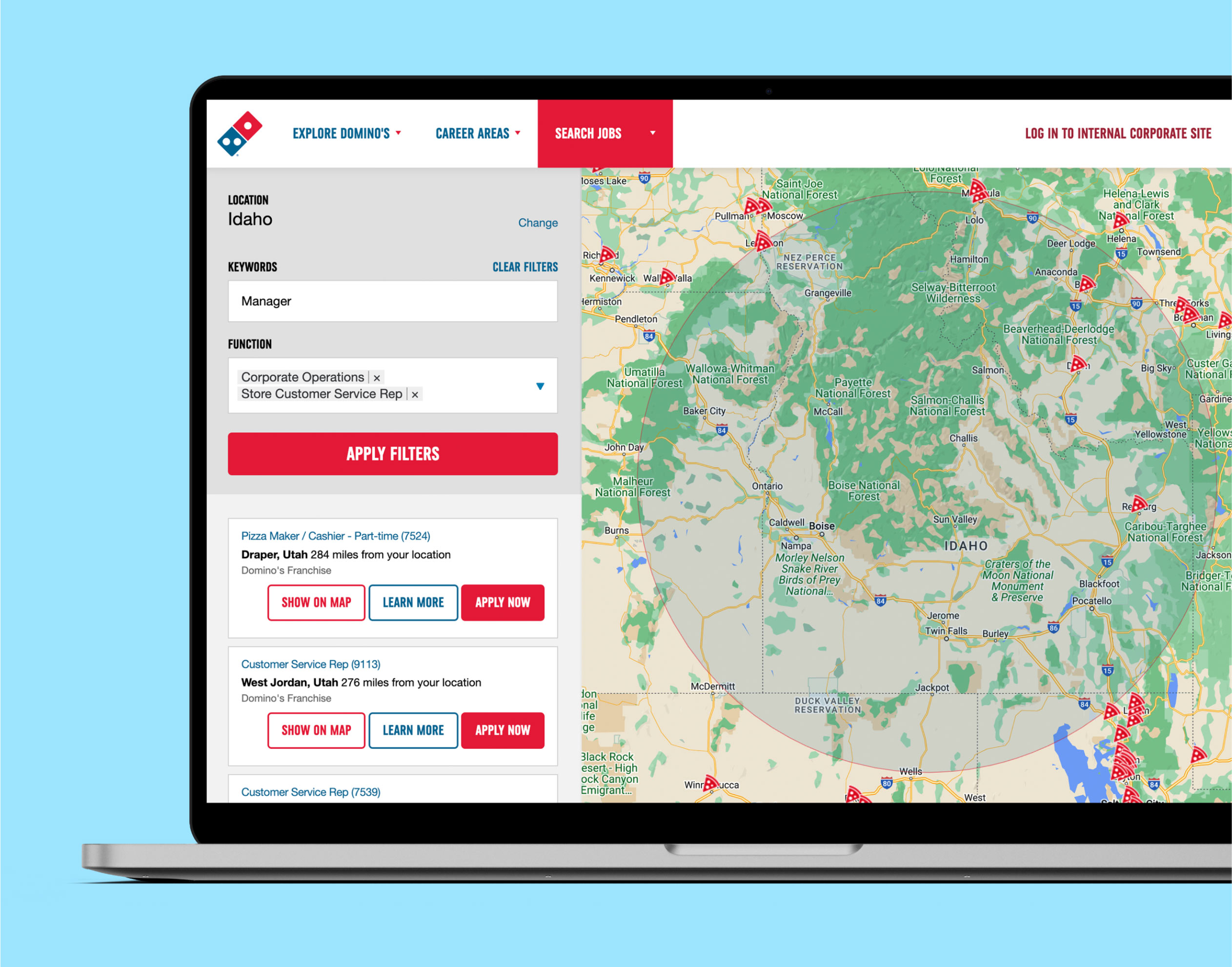Domino's careers website interactive job-search map